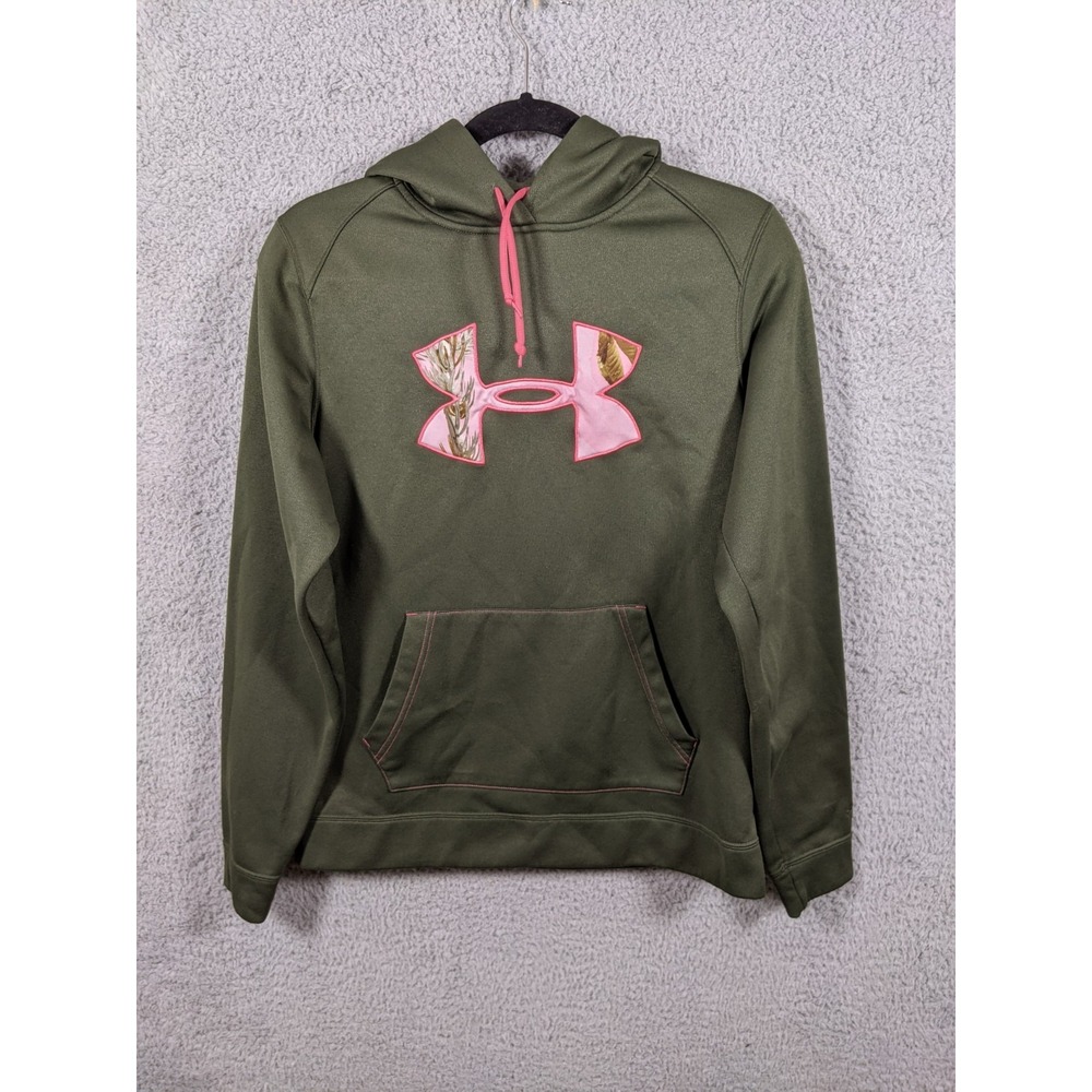 Under Armour ColdGear Semi Fitted Hoodie Womens M Olive Green Pink Camo Logo